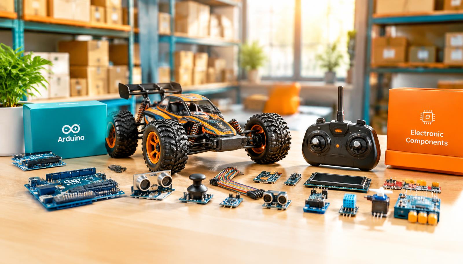 RC car, Arduino boards and sensors on a warehouse desk